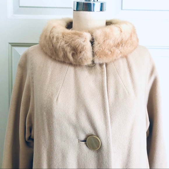 Vintage Cashmere Mink Fur Collar Pockets Coat Jacket Beige Size Large - Picture 2 of 16